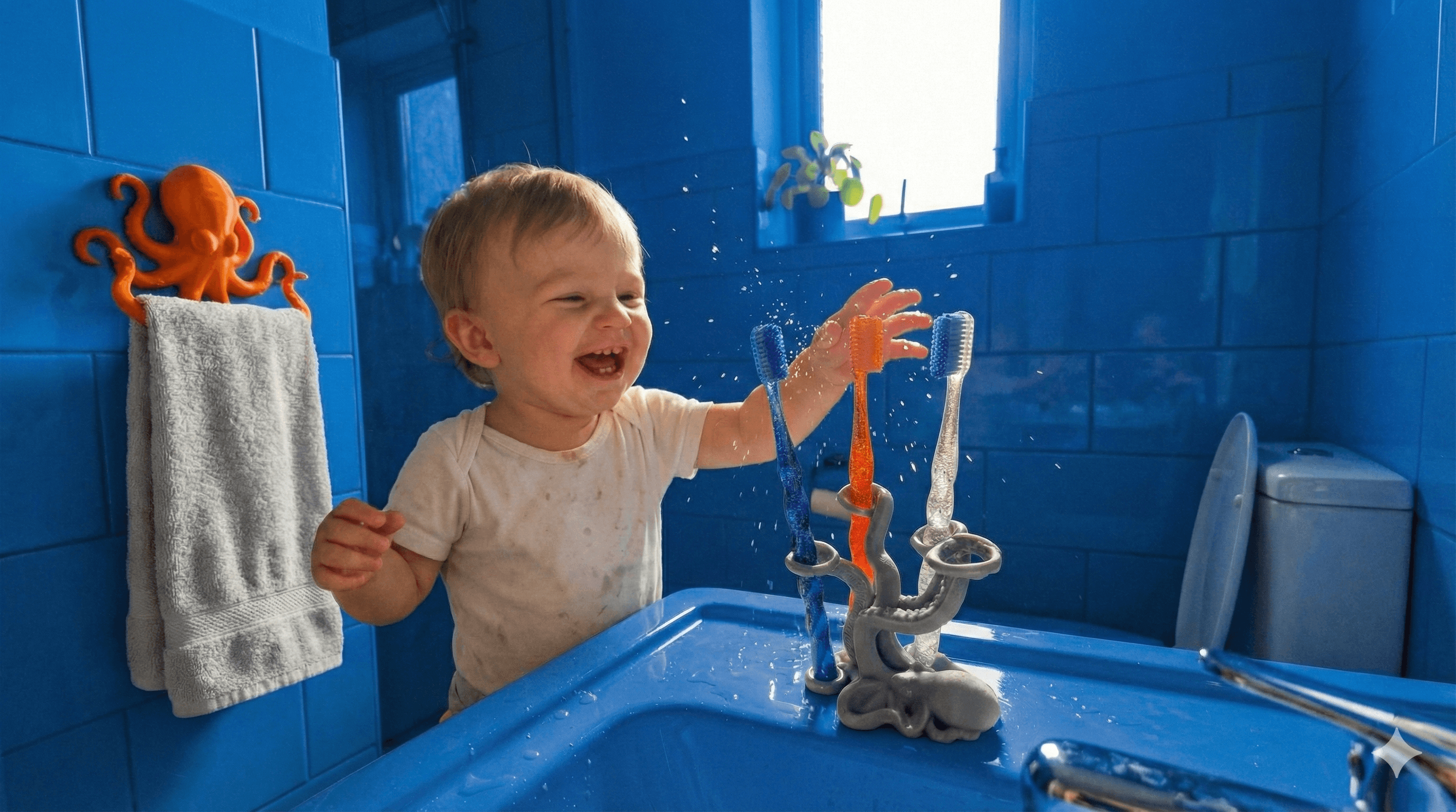 Ребёнок в ванной с 3D-печатными аксессуарами